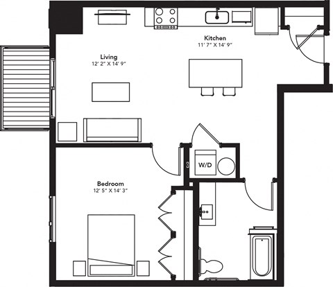 Floor plan for 1 bed, 1 bath, 788 sqft